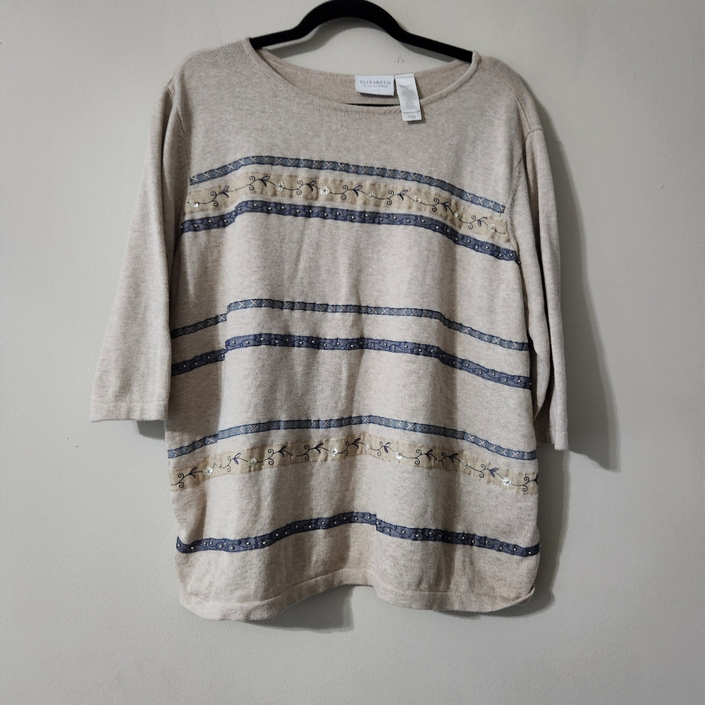 Elisabeth Liz Claiborne Beige Top Blue Stripes Petite Size 1 Plus Cotton Blouse